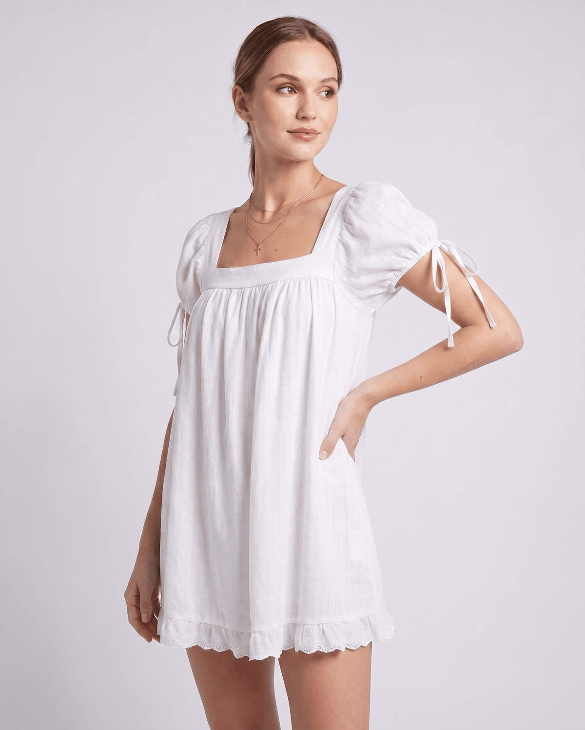Solenne Mini Dress by Lauven — cotton puff sleeve square neck A-line mini dress