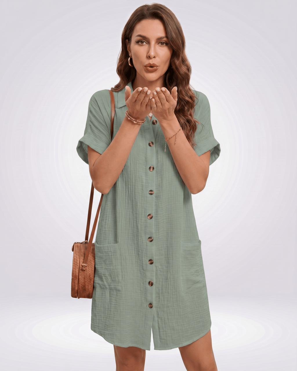 Mariel Mini Dress by Lauven — cotton blend short sleeve turn-down collar straight mini dress