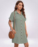 Mariel Mini Dress by Lauven — cotton blend short sleeve turn-down collar straight mini dress