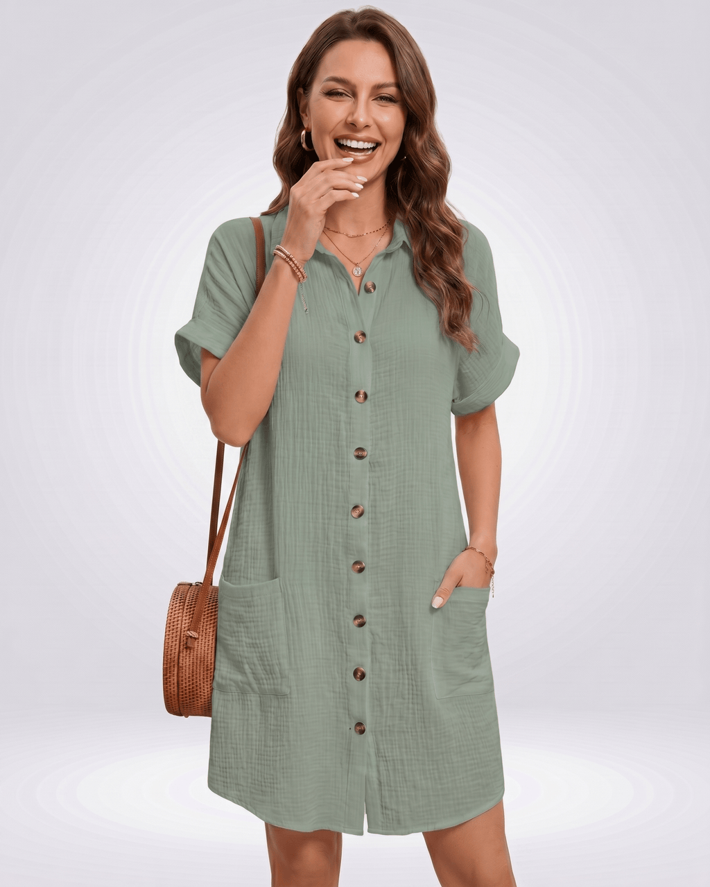 Mariel Mini Dress by Lauven — cotton blend short sleeve turn-down collar straight mini dress