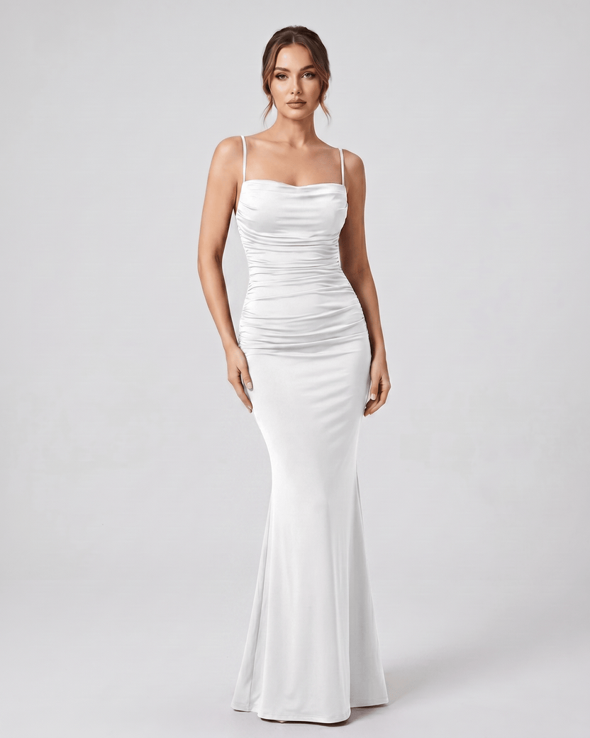 Aveline Maxi Dress by Lauven — white satin sleeveless square neck mermaid maxi dress