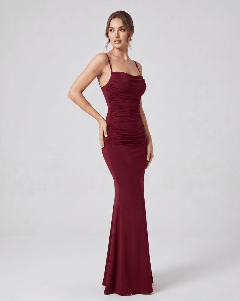 Aveline Maxi Dress by Lauven — satin sleeveless square neck mermaid maxi dress