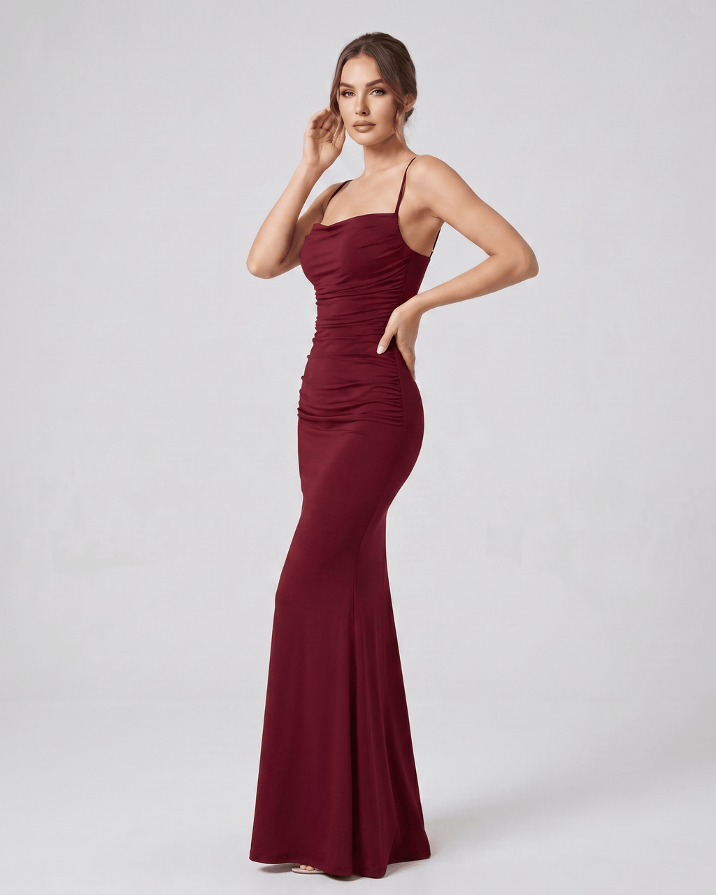 Aveline Maxi Dress by Lauven — satin sleeveless square neck mermaid maxi dress