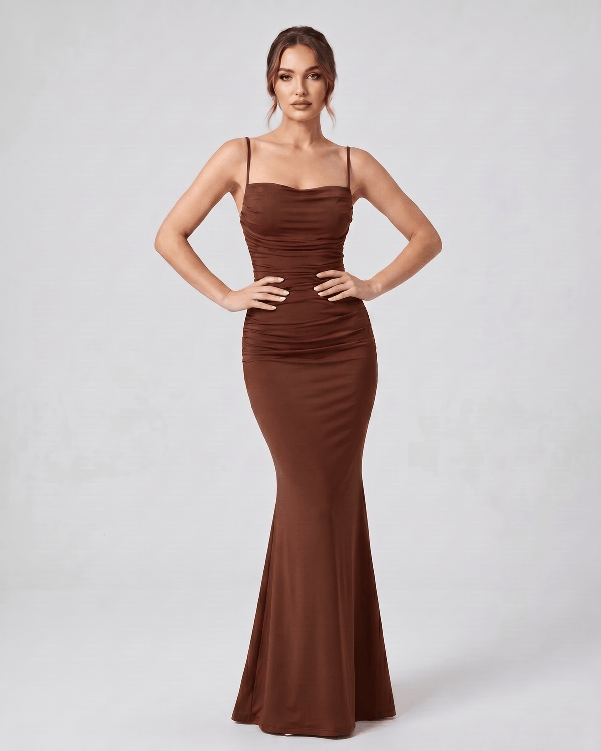 Aveline Maxi Dress by Lauven — satin sleeveless square neck mermaid maxi dress