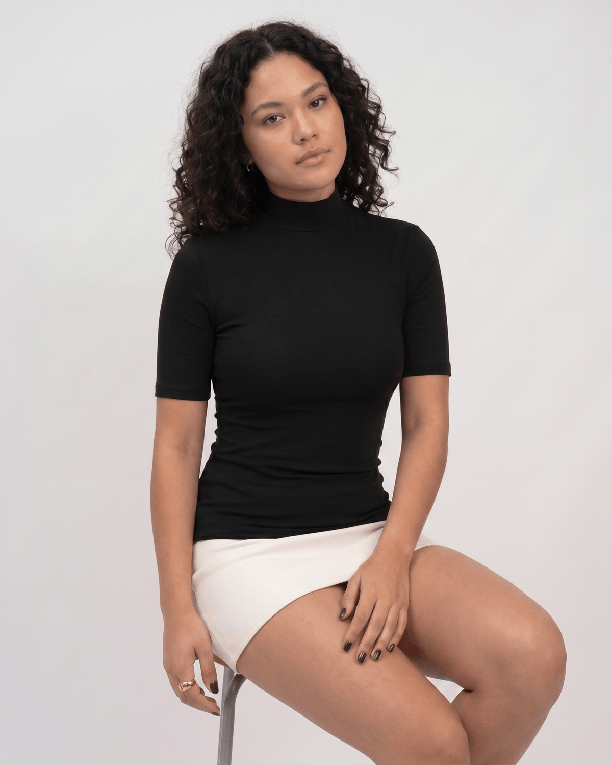 Margot Mini Dress by Lauven — cotton blend short sleeve turtleneck fitted mini dress