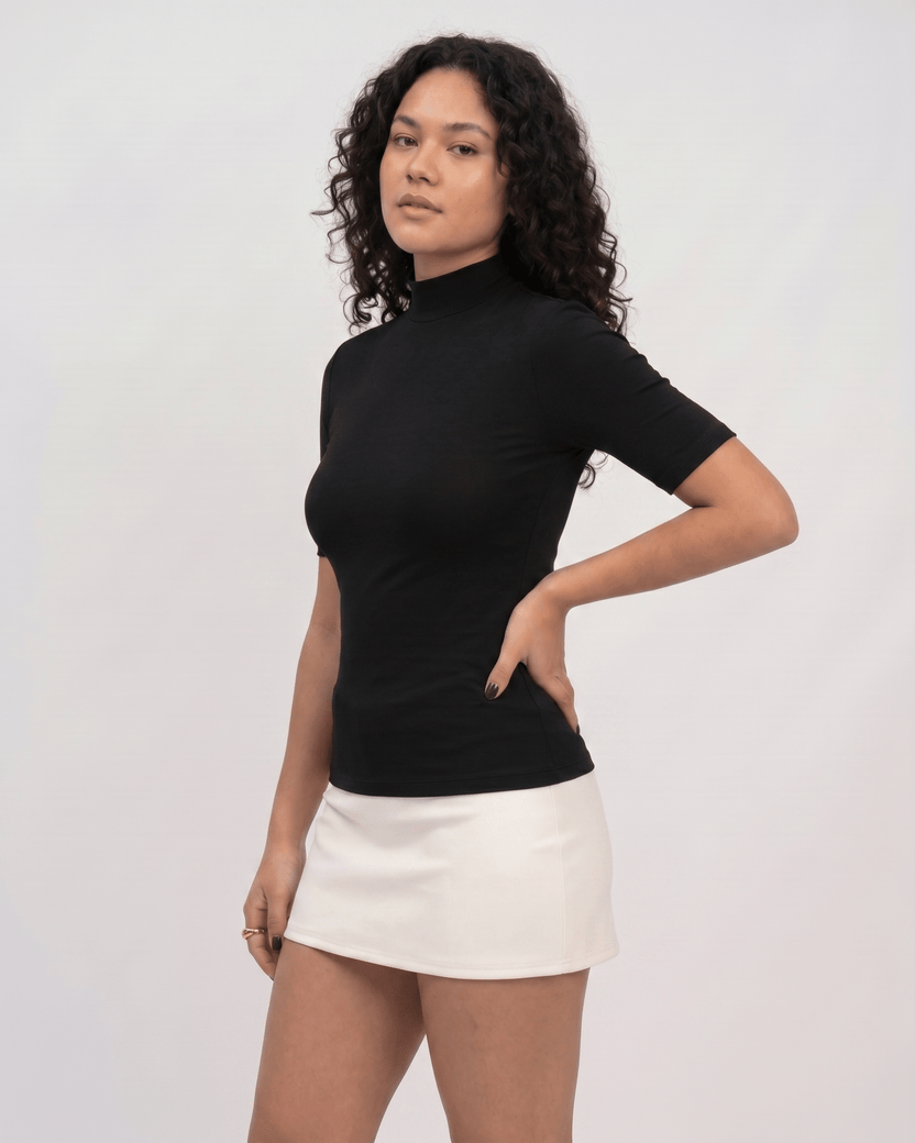 Margot Mini Dress by Lauven — cotton blend short sleeve turtleneck fitted mini dress