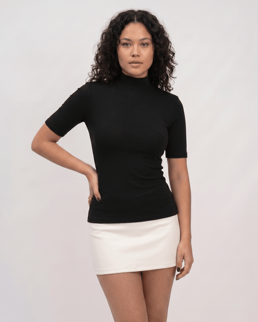 Margot Mini Dress by Lauven — cotton blend short sleeve turtleneck fitted mini dress
