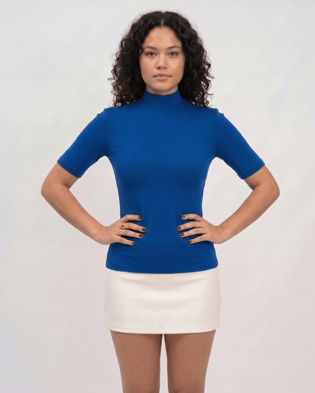 Margot Mini Dress by Lauven — cotton blend short sleeve turtleneck fitted mini dress