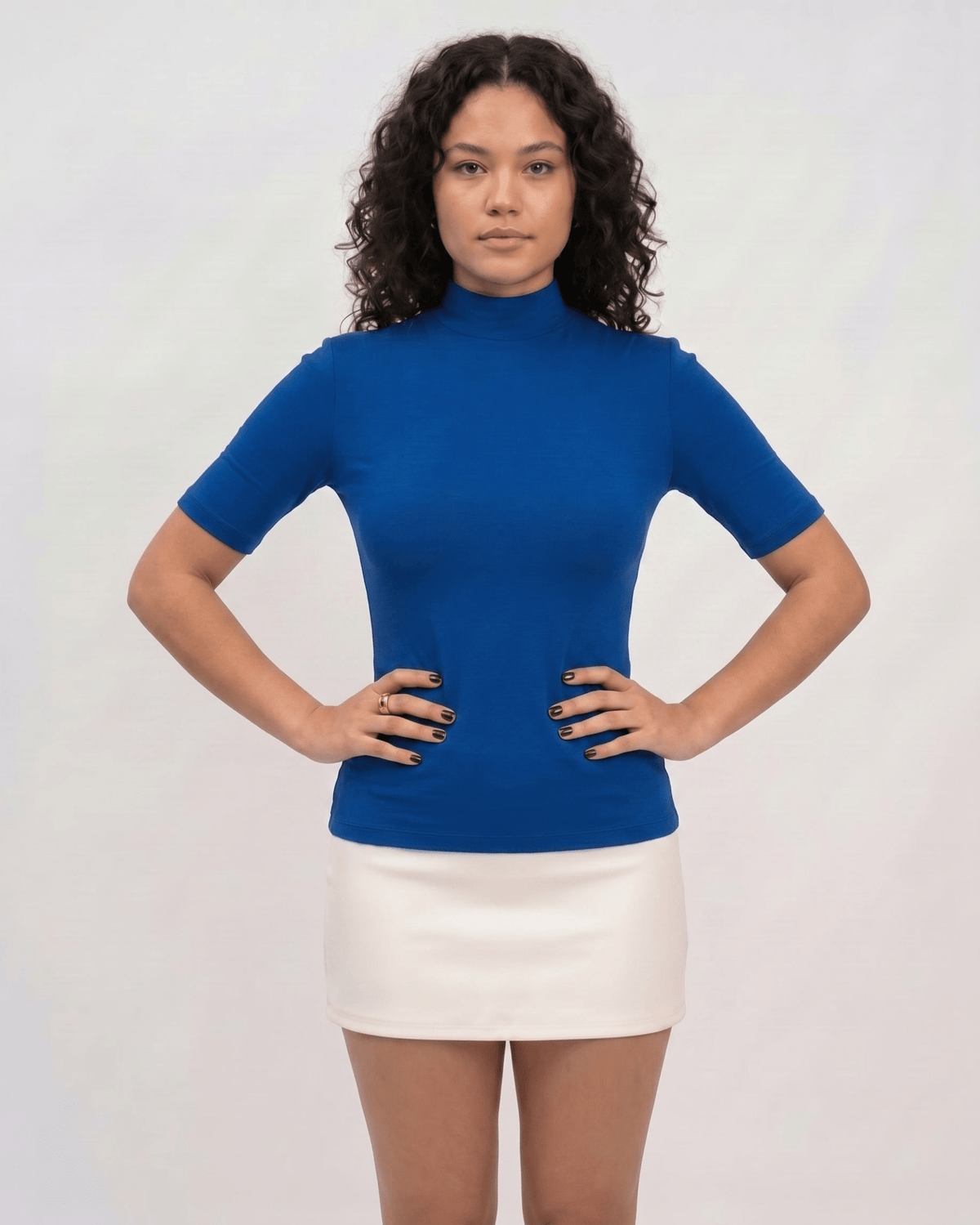 Margot Mini Dress by Lauven — cotton blend short sleeve turtleneck fitted mini dress