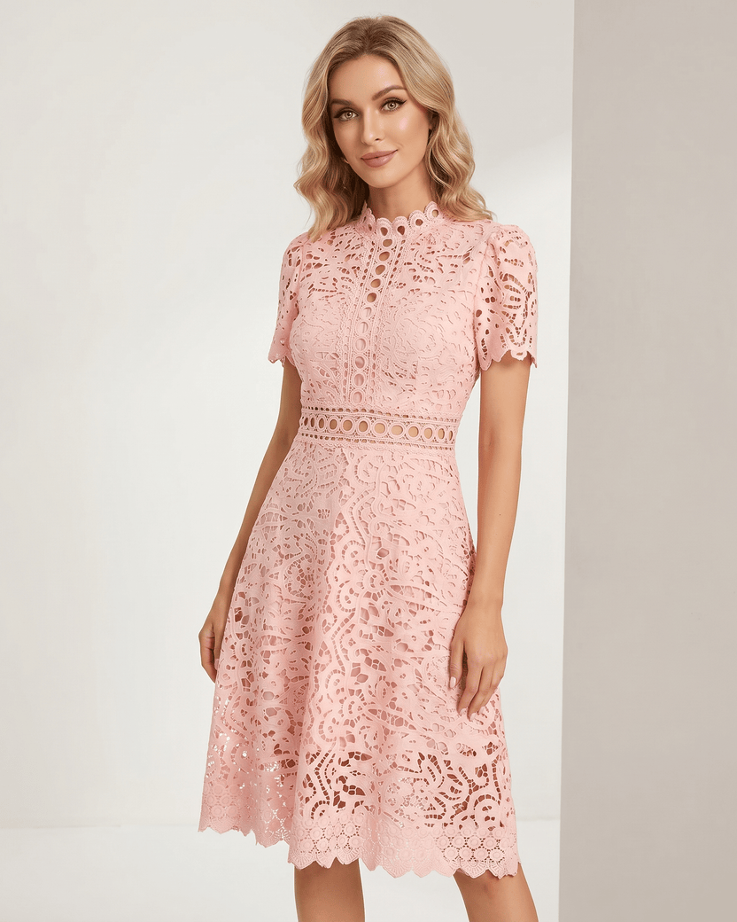 Aurelia Midi Dress by Lauven — pink lace short sleeve high neck A-line midi dress