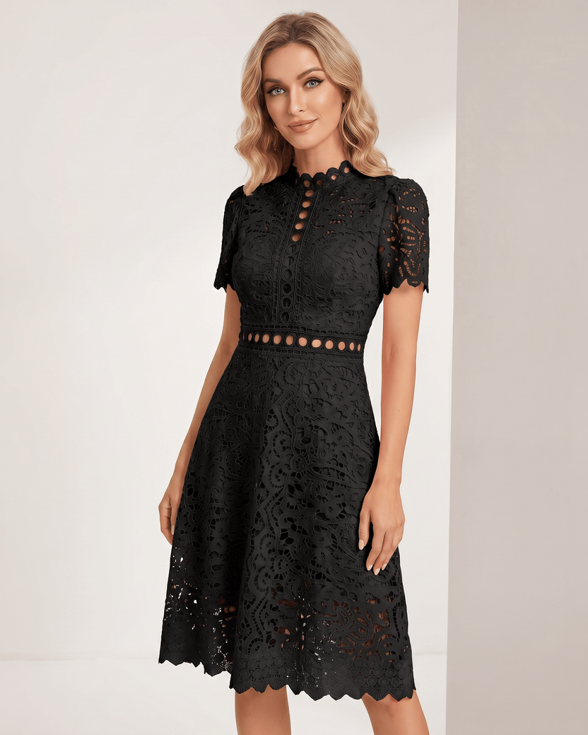Aurelia Midi Dress by Lauven — black lace short sleeve high neck A-line midi dress