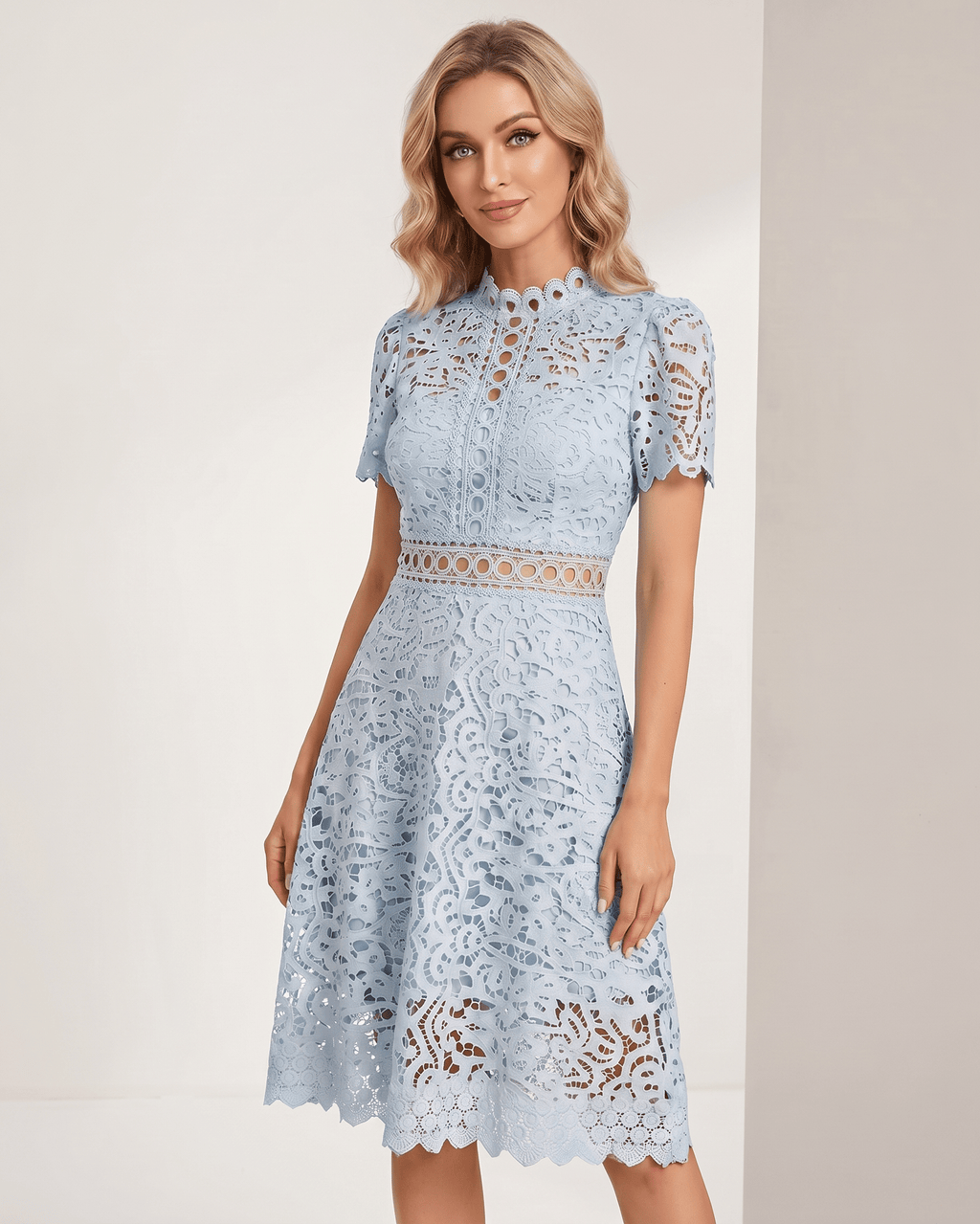 Aurelia Midi Dress by Lauven — blue lace short sleeve high neck A-line midi dress