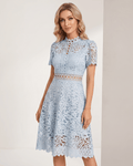 Aurelia Midi Dress by Lauven — blue lace short sleeve high neck A-line midi dress