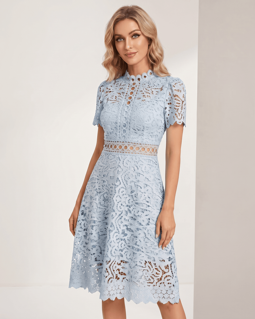 Aurelia Midi Dress by Lauven — blue lace short sleeve high neck A-line midi dress