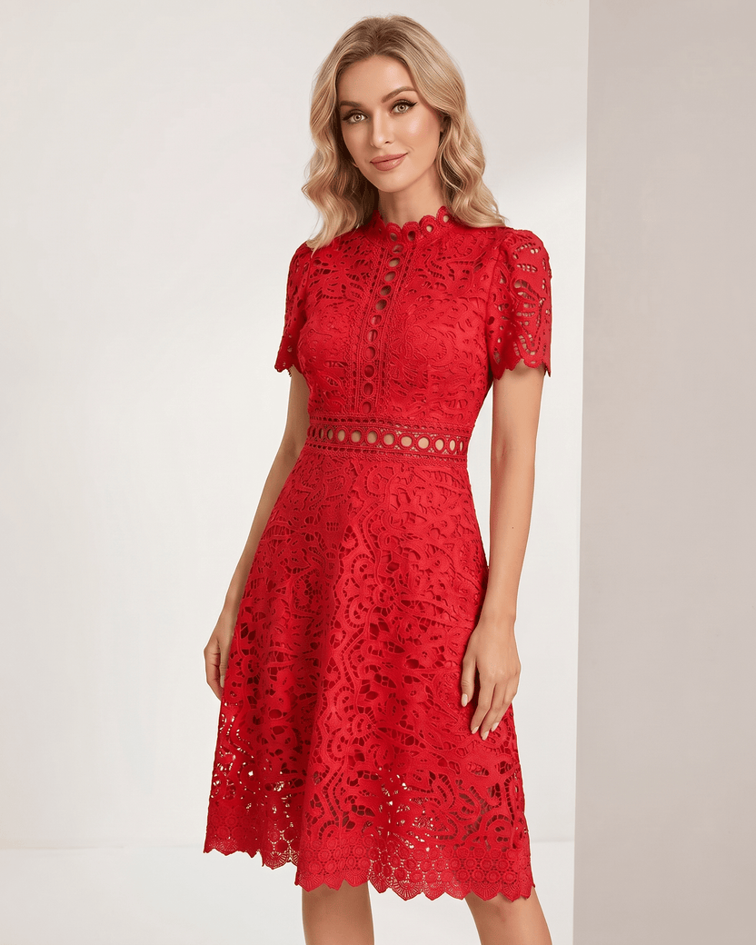 Aurelia Midi Dress by Lauven — red lace short sleeve high neck A-line midi dress
