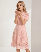 Aurelia Midi Dress by Lauven — lace short sleeve high neck A-line midi dress
