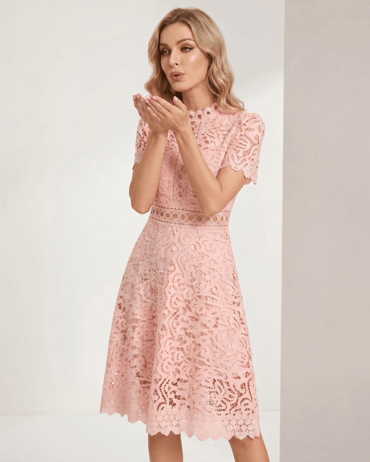 Aurelia Midi Dress by Lauven — lace short sleeve high neck A-line midi dress