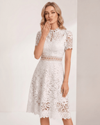 Aurelia Midi Dress by Lauven — lace short sleeve high neck A-line midi dress