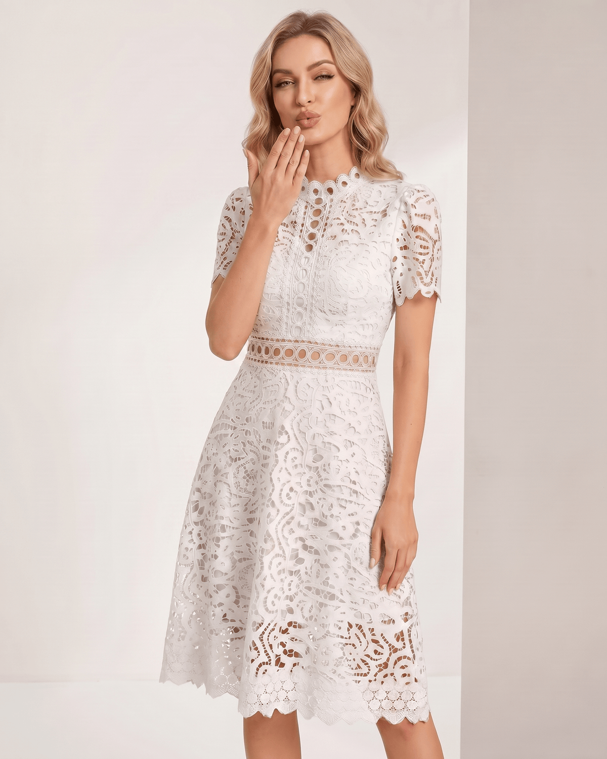 Aurelia Midi Dress by Lauven — lace short sleeve high neck A-line midi dress
