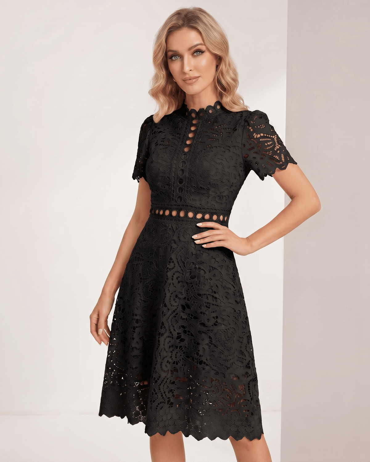 Aurelia Midi Dress by Lauven — lace short sleeve high neck A-line midi dress