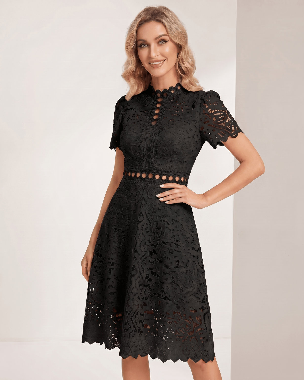 Aurelia Midi Dress by Lauven — lace short sleeve high neck A-line midi dress