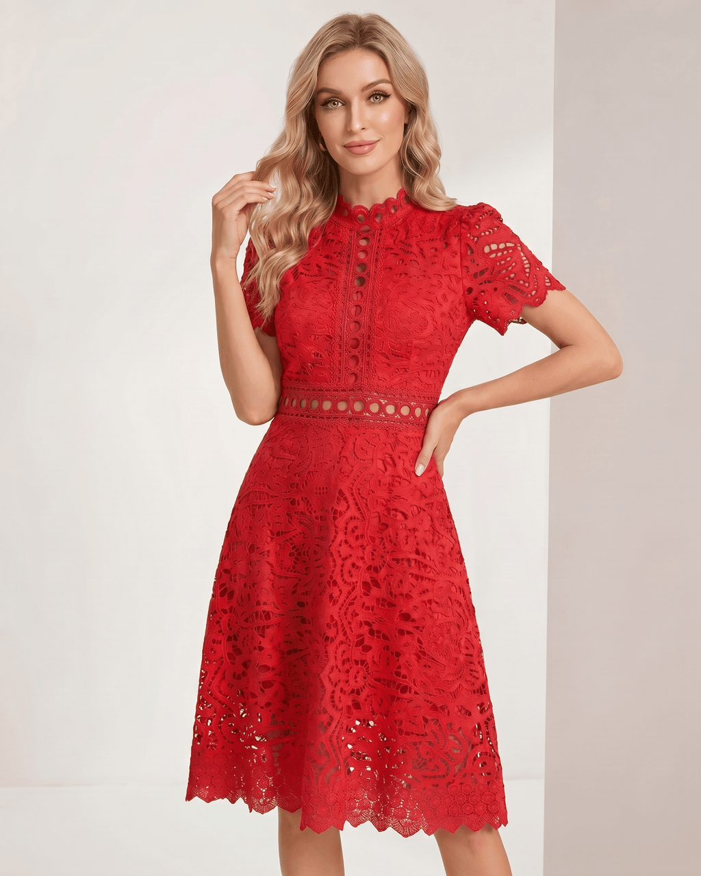 Aurelia Midi Dress by Lauven — lace short sleeve high neck A-line midi dress