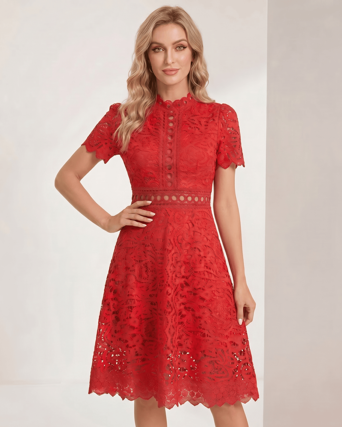 Aurelia Midi Dress by Lauven — lace short sleeve high neck A-line midi dress