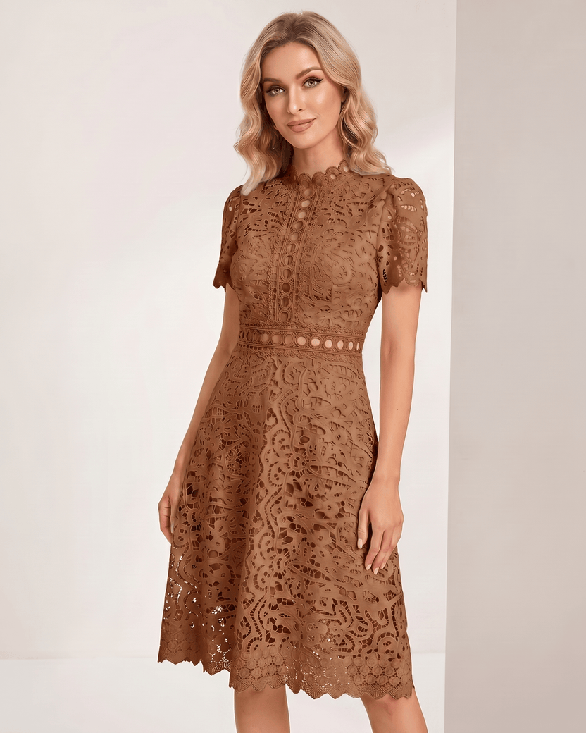 Aurelia Midi Dress by Lauven — brown lace short sleeve high neck A-line midi dress