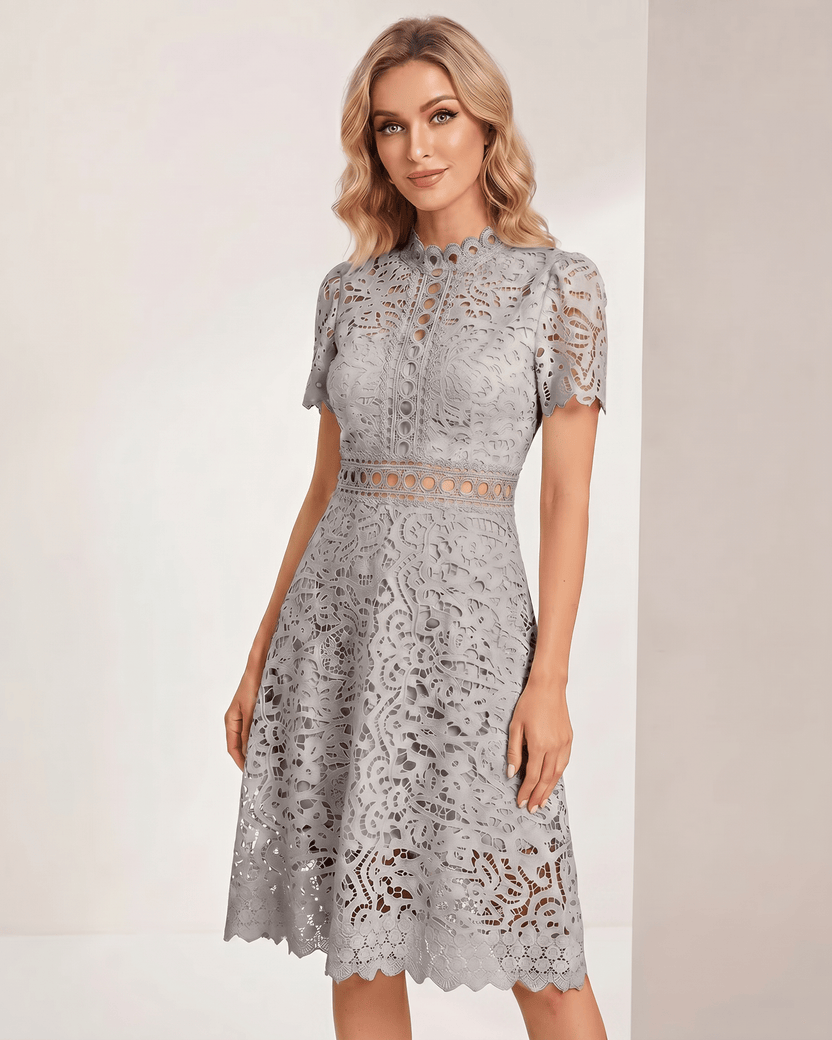 Aurelia Midi Dress by Lauven — grey lace short sleeve high neck A-line midi dress