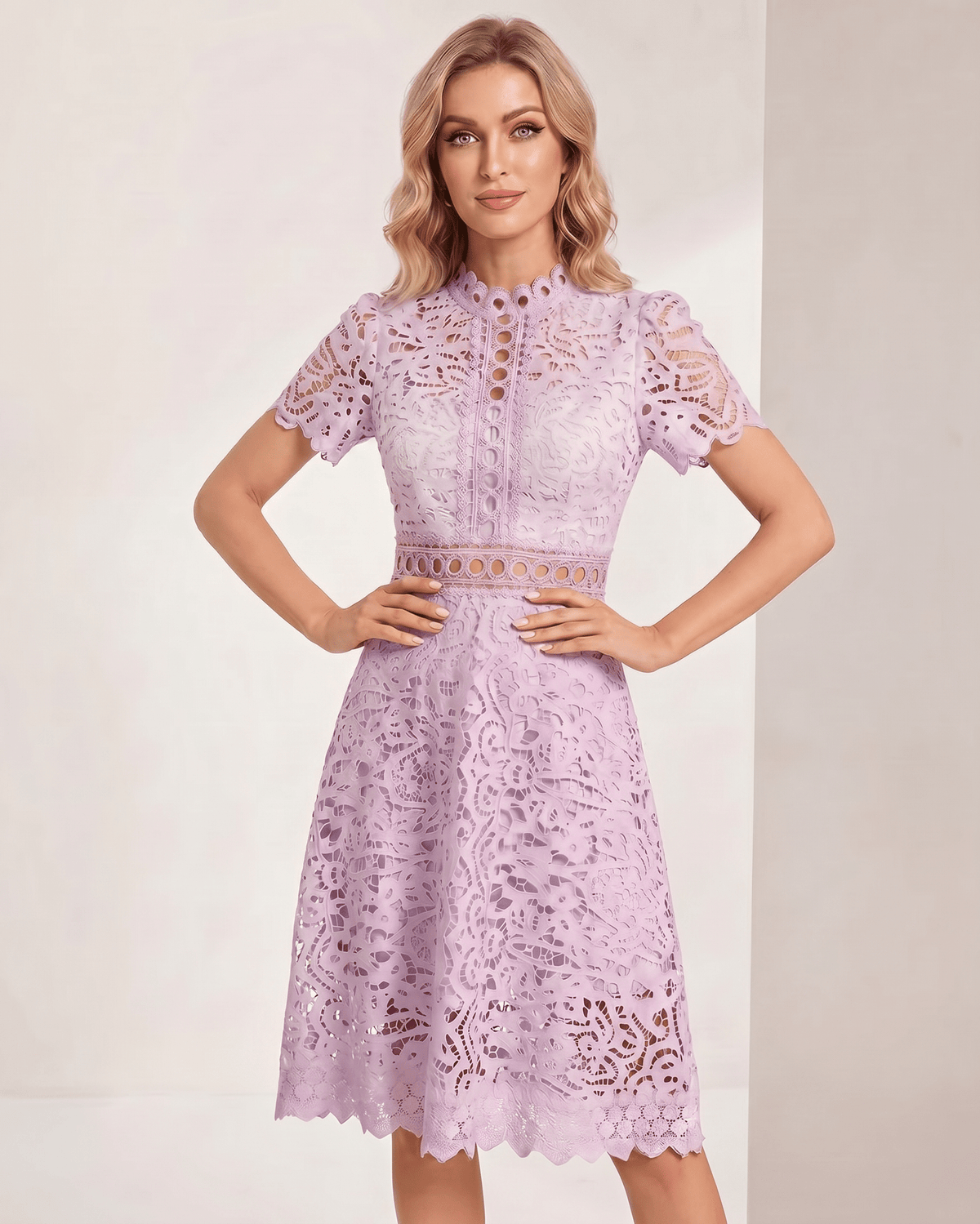 Aurelia Midi Dress by Lauven — lace short sleeve high neck A-line midi dress