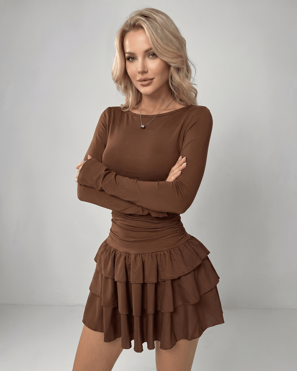 Aurevia Mini Dress by Lauven — stretch long sleeve round neck fitted mini dress with ruffle hem