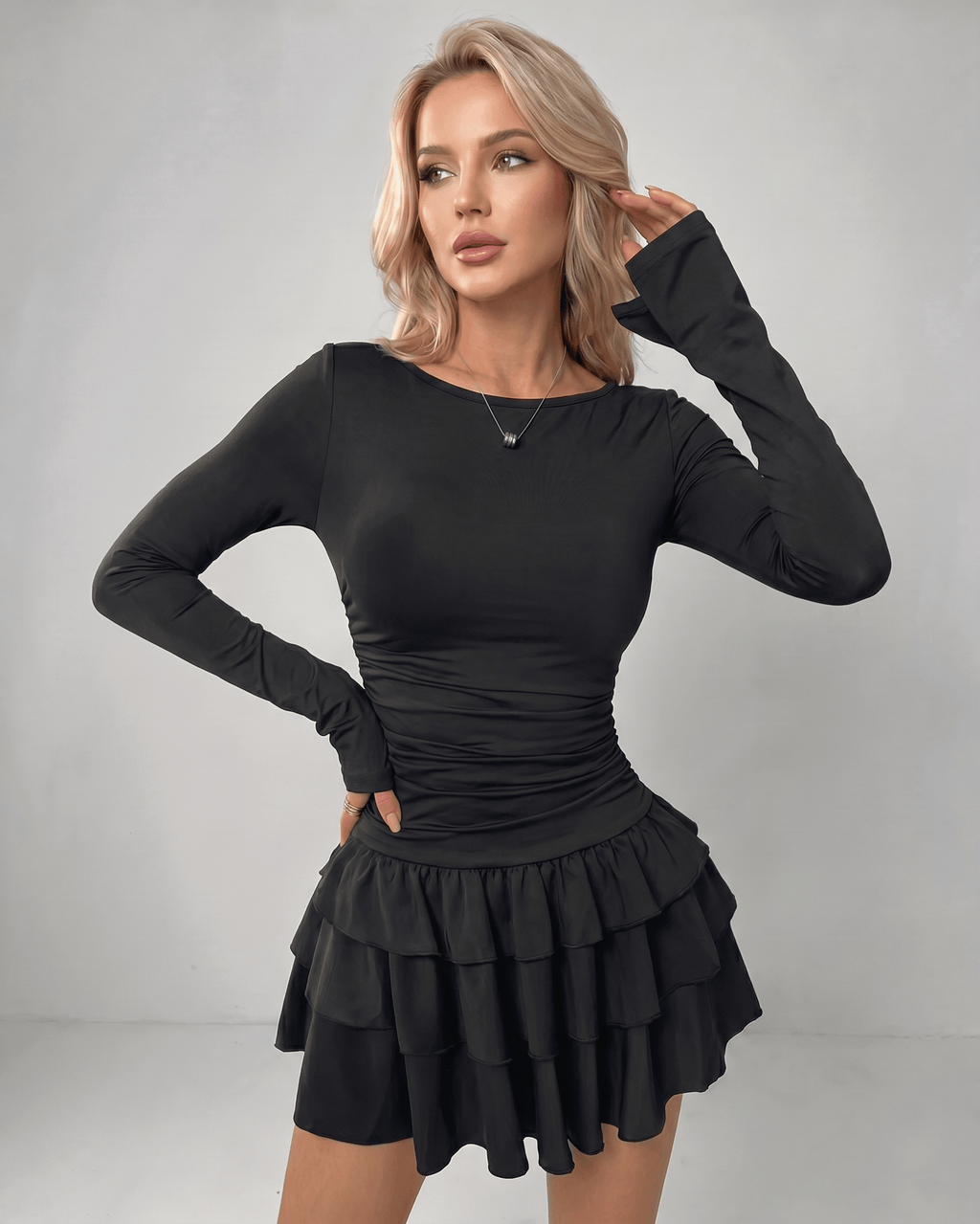 Aurevia Mini Dress by Lauven — stretch long sleeve round neck fitted mini dress with ruffle hem
