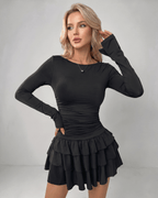 Aurevia Mini Dress by Lauven — stretch long sleeve round neck fitted mini dress with ruffle hem