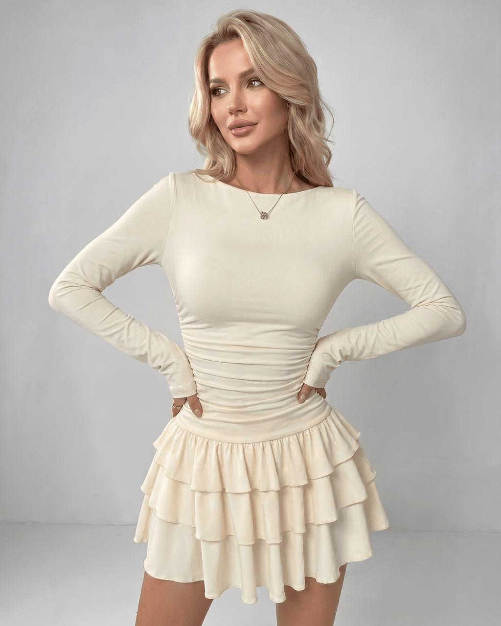 Aurevia Mini Dress by Lauven — stretch long sleeve round neck fitted mini dress with ruffle hem