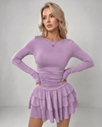 Aurevia Mini Dress by Lauven — stretch long sleeve round neck fitted mini dress with ruffle hem