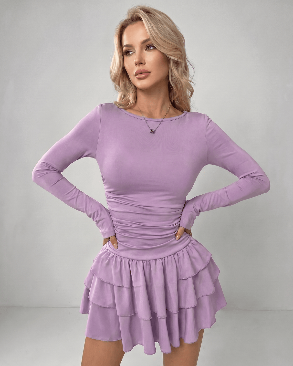 Aurevia Mini Dress by Lauven — stretch long sleeve round neck fitted mini dress with ruffle hem