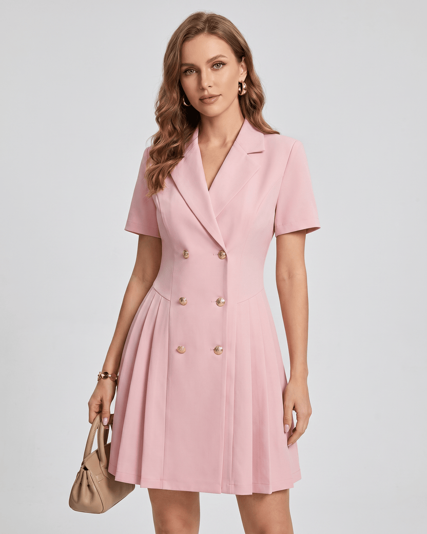 Veloura Mini Dress by Lauven — pink polyester blend short sleeve notched lapel tailored mini dress