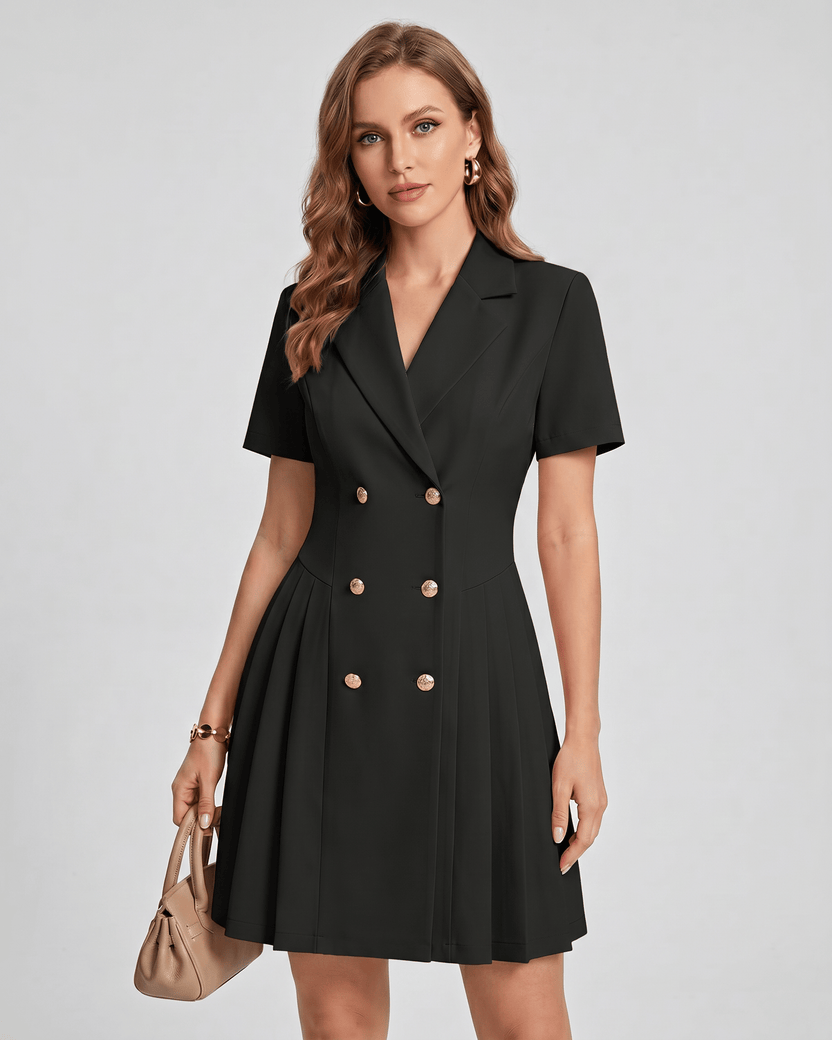 Veloura Mini Dress by Lauven — black polyester blend short sleeve notched lapel tailored mini dress