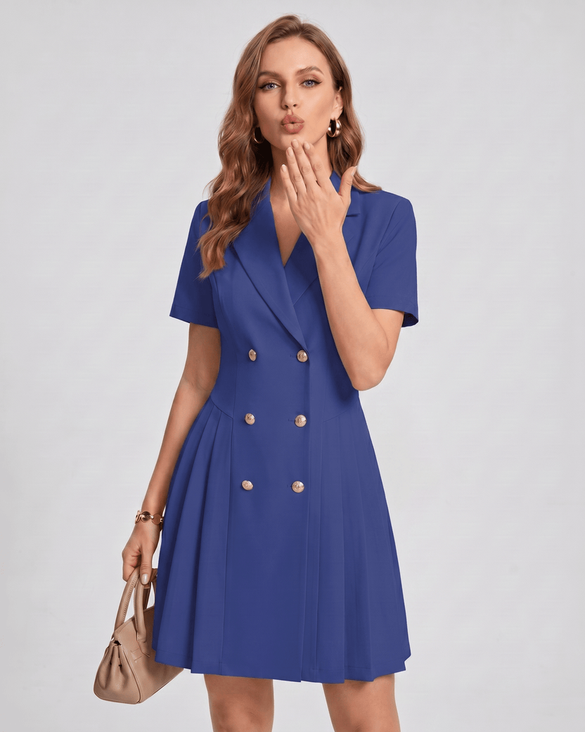 Veloura Mini Dress by Lauven — polyester blend short sleeve notched lapel tailored mini dress