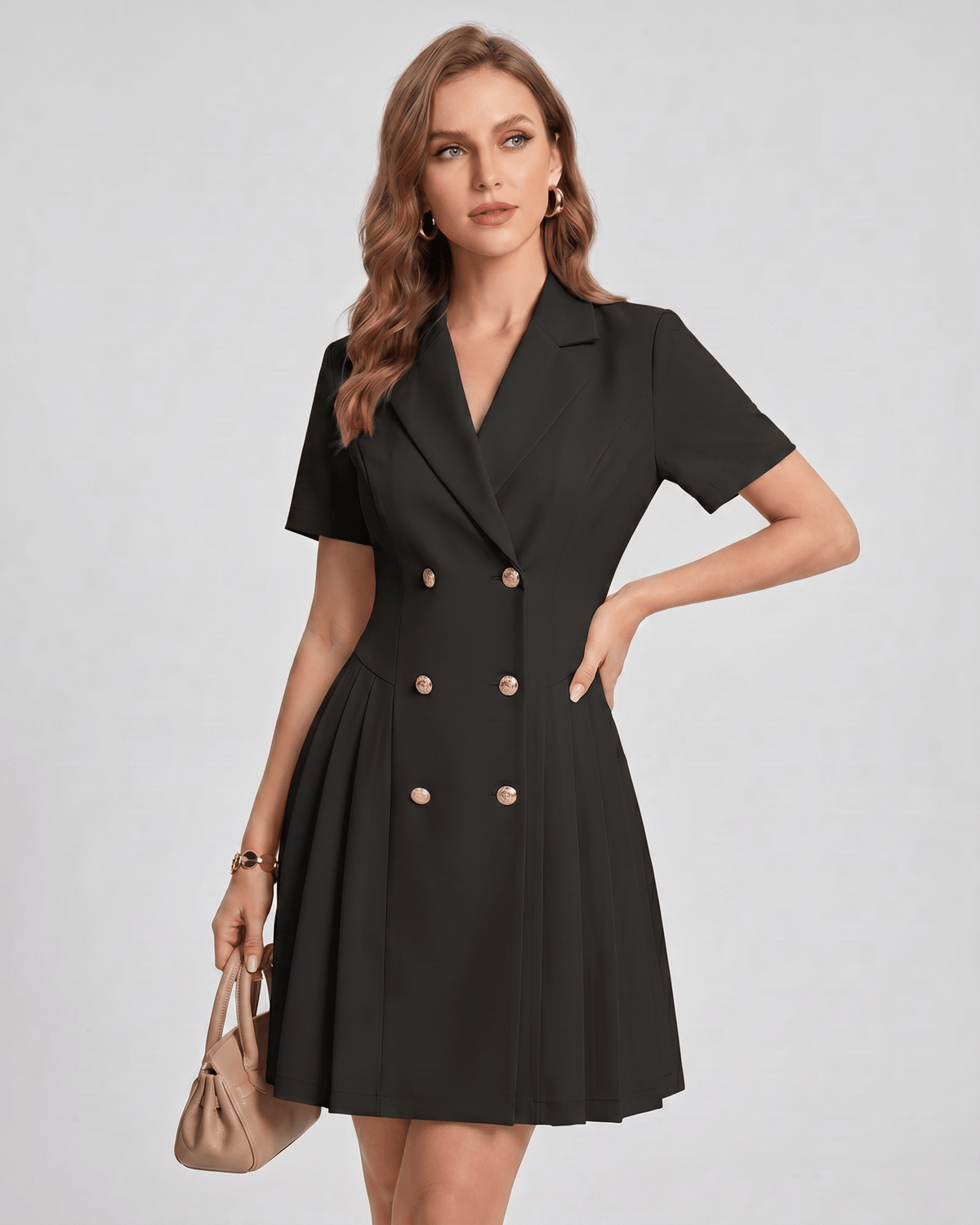 Veloura Mini Dress by Lauven — polyester blend short sleeve notched lapel tailored mini dress