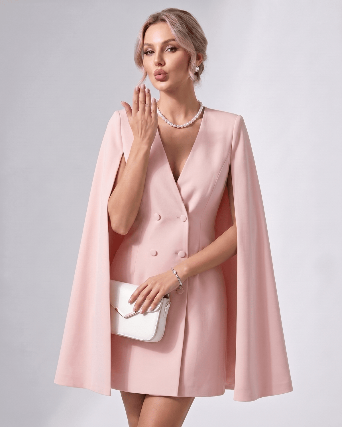 Celestia Mini Dress by Lauven — polyester blend cape sleeve V-neck tailored mini dress