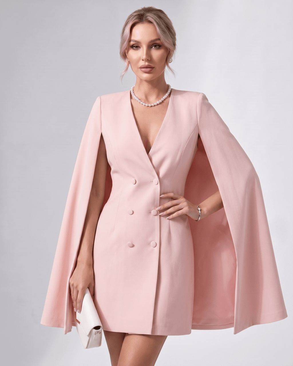 Celestia Mini Dress by Lauven — polyester blend cape sleeve V-neck tailored mini dress