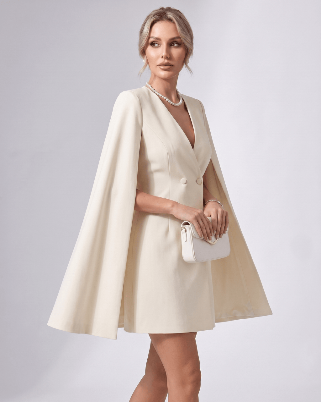 Celestia Mini Dress by Lauven — polyester blend cape sleeve V-neck tailored mini dress