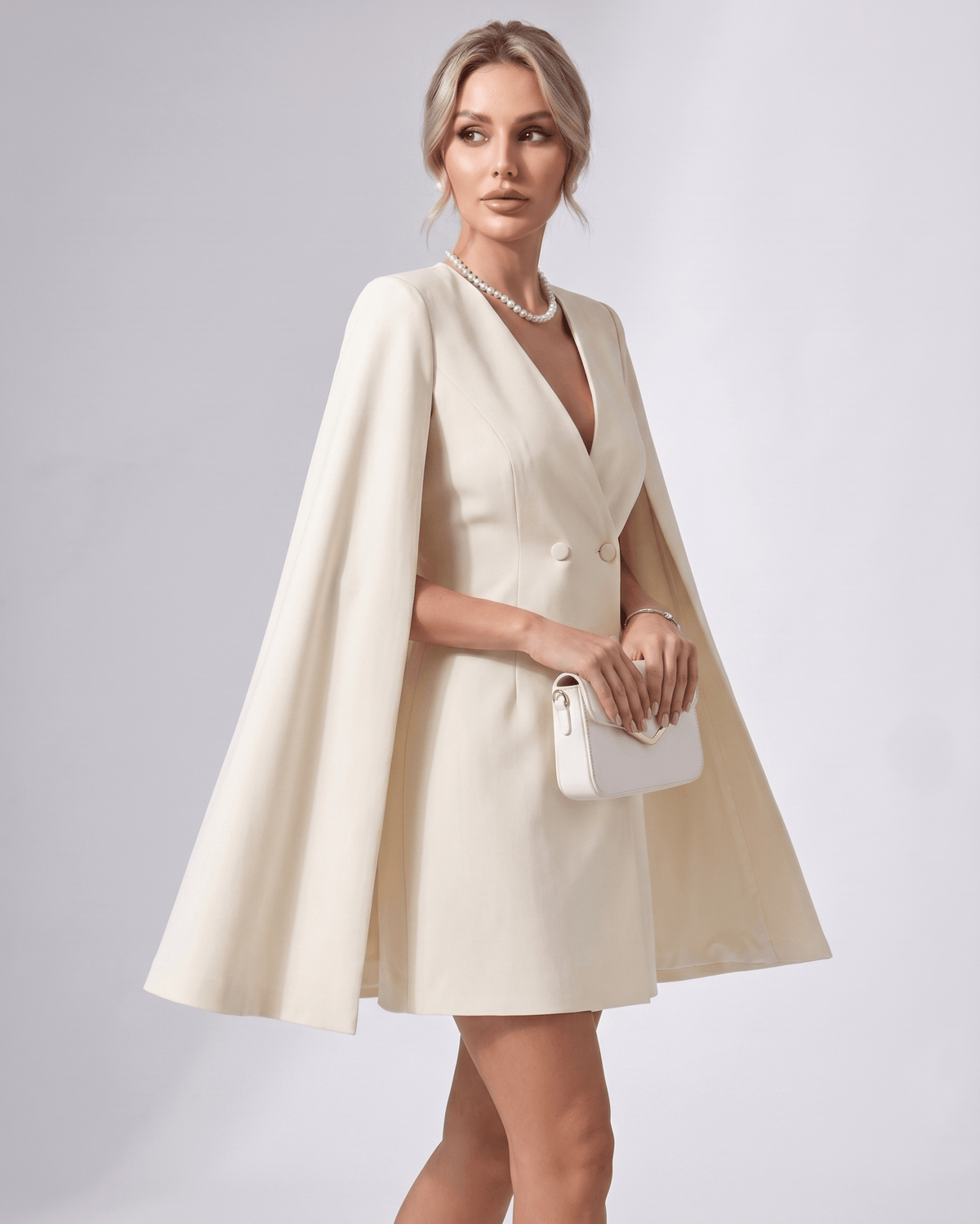 Celestia Mini Dress by Lauven — polyester blend cape sleeve V-neck tailored mini dress