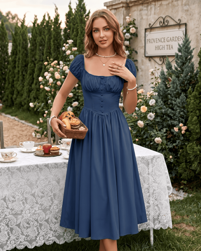 Veloura Midi Dress by Lauven — navy satin blend short sleeve square neck A-line midi dress