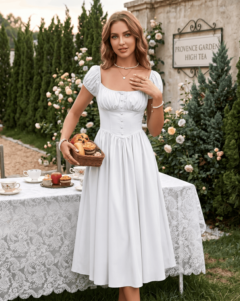 Veloura Midi Dress by Lauven — white satin blend short sleeve square neck A-line midi dress
