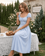 Veloura Midi Dress by Lauven — satin blend short sleeve square neck A-line midi dress