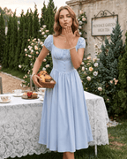 Veloura Midi Dress by Lauven — satin blend short sleeve square neck A-line midi dress