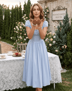 Veloura Midi Dress by Lauven — satin blend short sleeve square neck A-line midi dress
