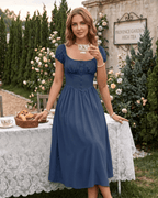 Veloura Midi Dress by Lauven — satin blend short sleeve square neck A-line midi dress